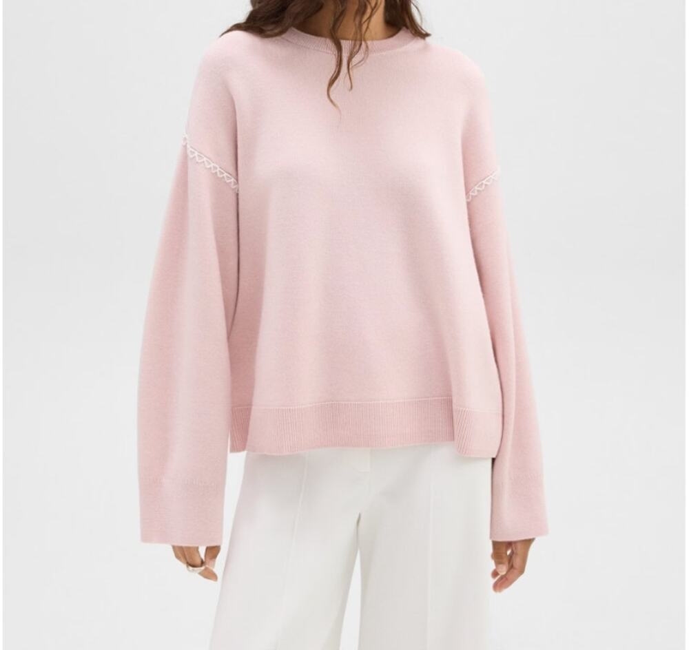 Theory Medium Pink Blanket Stitch Sweater in Merino Wool Blush White